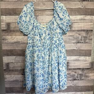 Simply Southern Blue Floral Smocked Puff Sleeve Dress Square Neck Women XL NEW